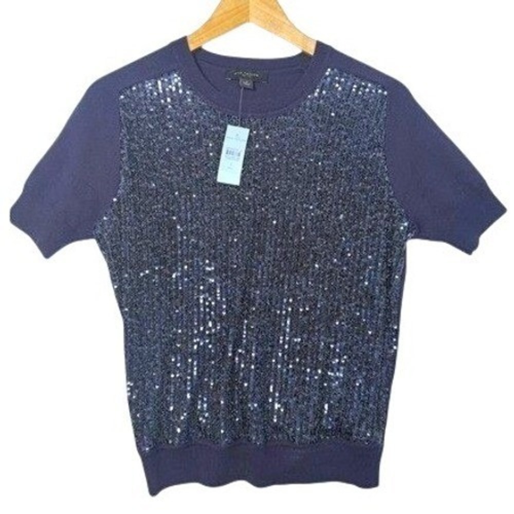 Ann Taylor Petite Navy Blue Sequin‎ Short Sleeve Knit Sweater Top PS NWT
